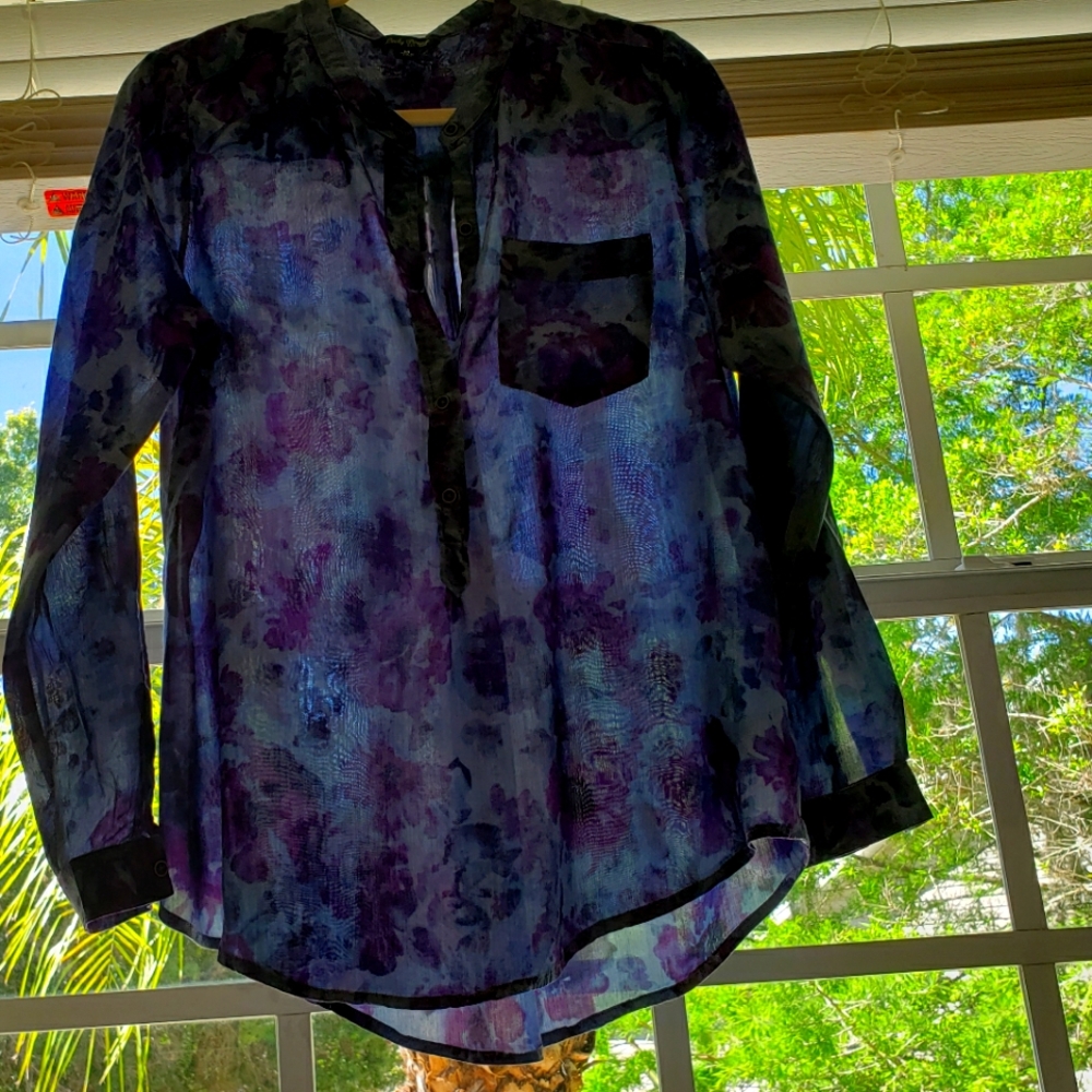 Lucky Brand Button up Semi Sheer blouse. 3/4 sleeves, blue with purple roses.